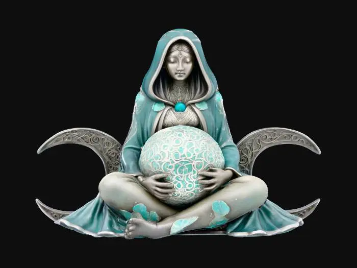 3D model for The object is a sculptural figure with a hooded cloak holding a textured, spherical moon, featuring crescent moon shapes on each side, and has a metallic finish with blue and turquoise accents., 