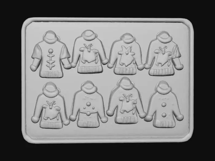 3D model for A collection of exquisitely detailed Christmas sweater-shaped cookies resting on a dark, slightly textured baking sheet lightly dusted with powdered sugar. Each golden-brown cookie base is adorned with vibrant royal icing in patterns like reindeer, snowflakes, argyle, and gingerbread men, featuring colors of deep blue, festive red, and various greens. The raised, smooth icing textures catch the soft, warm ambient light, casting subtle shadows. , #Christmas2025#