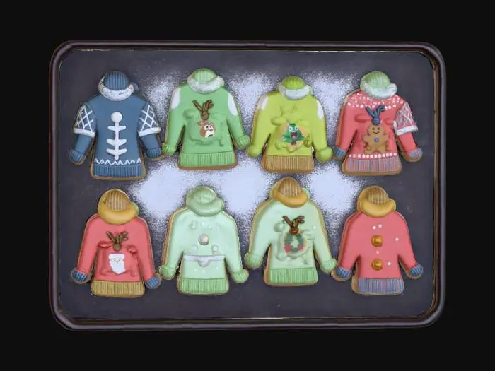 3D model for A collection of exquisitely detailed Christmas sweater-shaped cookies resting on a dark, slightly textured baking sheet lightly dusted with powdered sugar. Each golden-brown cookie base is adorned with vibrant royal icing in patterns like reindeer, snowflakes, argyle, and gingerbread men, featuring colors of deep blue, festive red, and various greens. The raised, smooth icing textures catch the soft, warm ambient light, casting subtle shadows. , #Christmas2025#