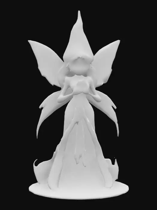 3D model for Female Fairy gnome, green and white dress, holding a shining diamond, Mushrooms and flowers on the ground.