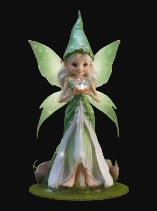 3D model for Female Fairy gnome, green and white dress, holding a shining diamond, Mushrooms and flowers on the ground.