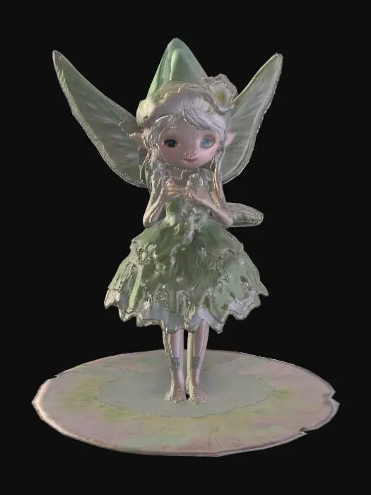 3D model for Female Fairy gnome, green and white dress, holding a shining diamond, Mushrooms and flowers on the ground.