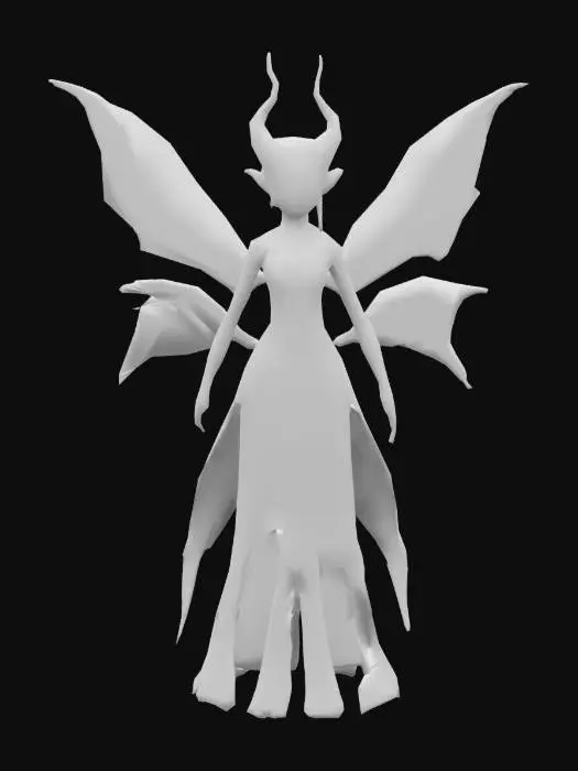 3D model for Evil fairy FEMALE with pointed ears, radiant butterfly wings and a tail, A Low poly purple and silver gown