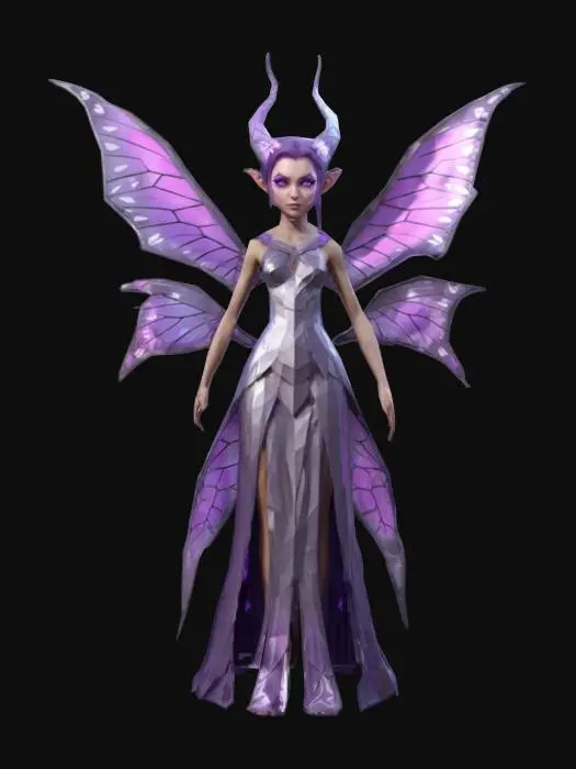 3D model for Evil fairy FEMALE with pointed ears, radiant butterfly wings and a tail, A Low poly purple and silver gown