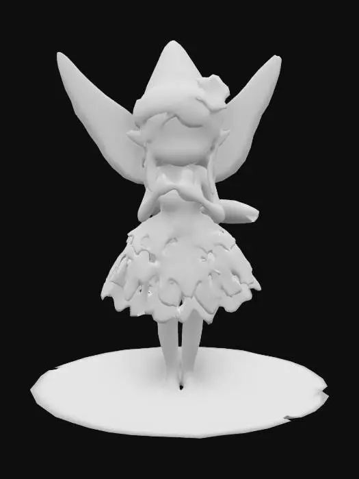 3D model for Female Fairy gnome, green and white dress, holding a shining diamond, Mushrooms and flowers on the ground.