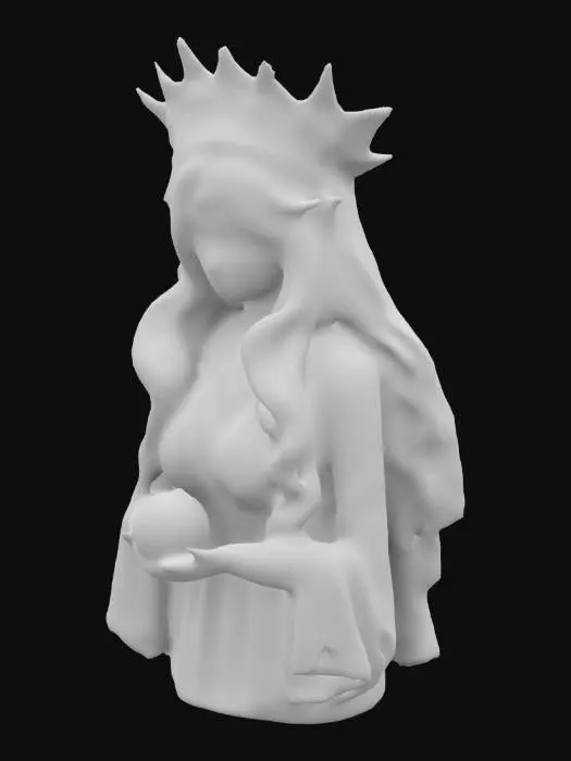 3D model for A celestial goddess with luminous quality skin, Long wavy cherry-red hair that appears to swirl & move independently, A golden headdress with intricate filigree, flowers, beads, & sparkling rhinestones. A flowing, regal dress made of luxurious purple satin, with beading, intricately placed rhinestones, & delicate filigree patterns. Almond-shaped eyes, standing elegantly. pose, She holds a perfectly round, iridescent green orb in her hands, HIGHLY DETAILED, ULTRA REALISTIC with reflective effects