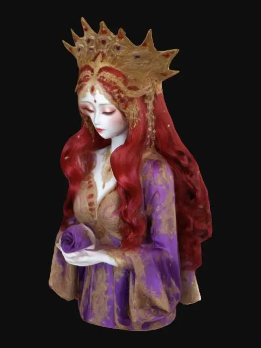 3D model for A celestial goddess with luminous quality skin, Long wavy cherry-red hair that appears to swirl & move independently, A golden headdress with intricate filigree, flowers, beads, & sparkling rhinestones. A flowing, regal dress made of luxurious purple satin, with beading, intricately placed rhinestones, & delicate filigree patterns. Almond-shaped eyes, standing elegantly. pose, She holds a perfectly round, iridescent green orb in her hands, HIGHLY DETAILED, ULTRA REALISTIC with reflective effects