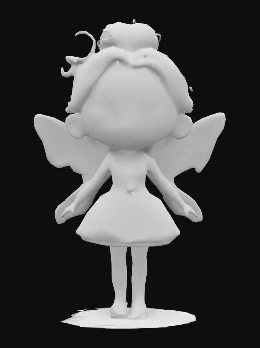 3D model for Her skin is Smooth and glossy, with rosy checks and a smile. Her hair Thick and textured, The curls are well-defined and springy. The dress appears to be made of organza layered fabric. The flower-shaped base has a slightly rougher texture, perhaps imitating petals. Her wings are peach and outlined by blue neon. Her eyes are Large and blue, with long lashes on both top and bottom.