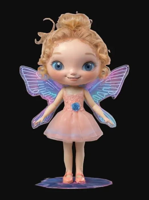 3D model for Her skin is Smooth and glossy, with rosy checks and a smile. Her hair Thick and textured, The curls are well-defined and springy. The dress appears to be made of organza layered fabric. The flower-shaped base has a slightly rougher texture, perhaps imitating petals. Her wings are peach and outlined by blue neon. Her eyes are Large and blue, with long lashes on both top and bottom.