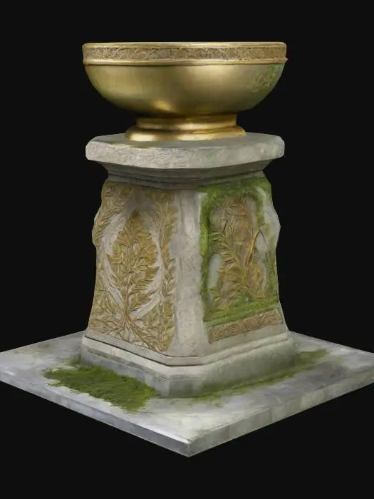 3D model for A ceremonial pedestal made of weathered stone, adorned with intricate carvings of flowing water and lush vegetation. At the top, a large metal bowl, held by curved metallic braces embedded in the stone, appears to overflow gently, symbolizing nourishment. The bowl’s rim is engraved with wave-like patterns. The structure has small cracks and moss growth, giving it an ancient and sacred presence