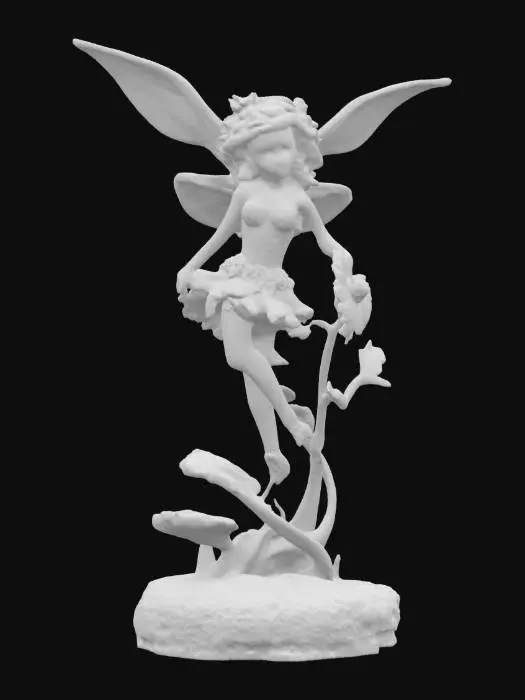 3D model for The object is a detailed fairy sculpture with a smooth graceful form, vibrant wings resembling autumn leaves, and a textured organic base resembling twisted branches and petals., 