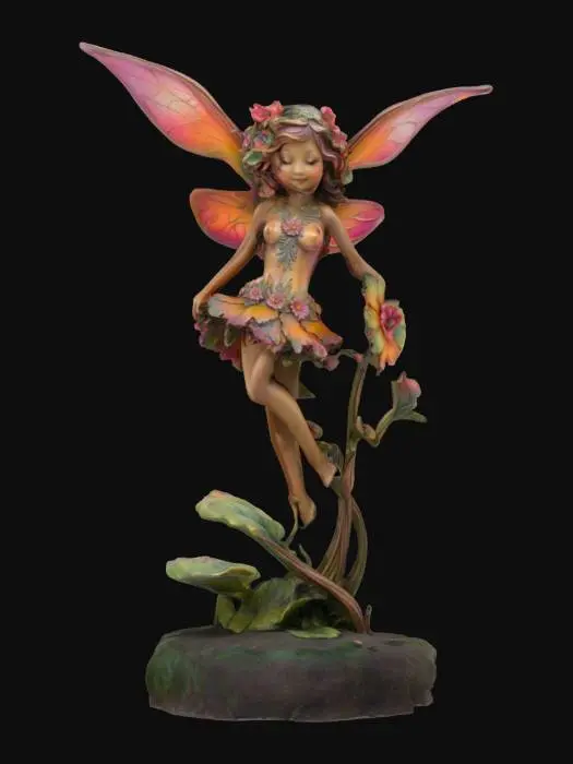 3D model for The object is a detailed fairy sculpture with a smooth graceful form, vibrant wings resembling autumn leaves, and a textured organic base resembling twisted branches and petals., 