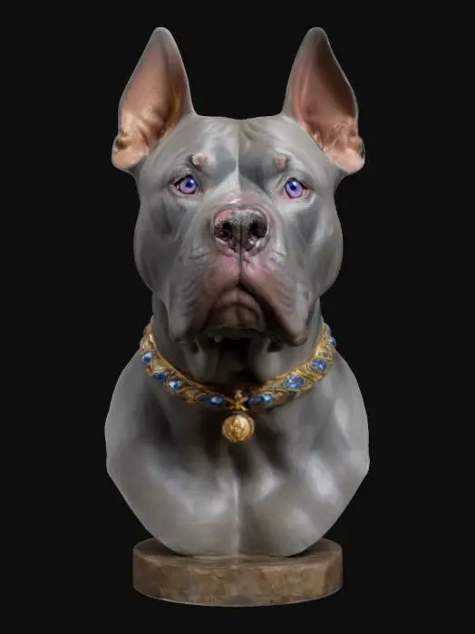 3D model for Blue Pitbull, hand painted, stone bust Carved, Lead Antique, Polished, gold diamond spike collar Highly Detailed,
