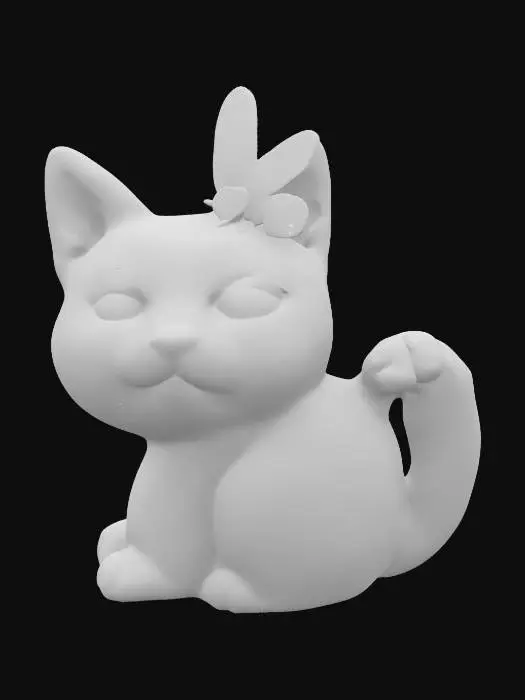 3D model for The item in the picture, a cat statue interacting with a butterfly, features several distinct textures. The cat itself appears to have a smooth, ceramic-like surface, likely with a painted finish that simulates fur. The butterfly, perched on the cat's nose, has delicate, translucent wings with fine veins, suggesting a fragile and airy texture. 