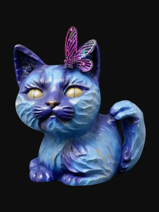 3D model for The item in the picture, a cat statue interacting with a butterfly, features several distinct textures. The cat itself appears to have a smooth, ceramic-like surface, likely with a painted finish that simulates fur. The butterfly, perched on the cat's nose, has delicate, translucent wings with fine veins, suggesting a fragile and airy texture. 