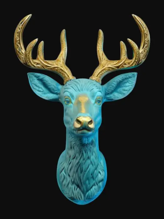 3D model for The mount itself is light pink. The faux deer head mount is primarily colored in a crisp, matte spa blue, appearing uniformly bright across its sculpted fur and face. The antlers are painted a clean, solid gold , contrasting sharply with the spa blue head. The iris's are a deep turquoise, Highly Detailed, Ultra Realistic   