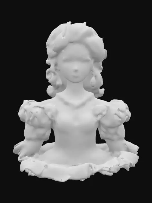 3D model for The main subject is a gothic-themed Barbie doll, dressed in an ornate, Victorian-inspired gown. Her skin tone is a smooth, pale white, providing a striking contrast to her vibrant, fiery red hair, which is styled in intricate, textured curls atop her head. Her lips are a deep, dark purple, and her eyes are framed by bold, black eyeliner, giving her a dramatic and somewhat somber expression.