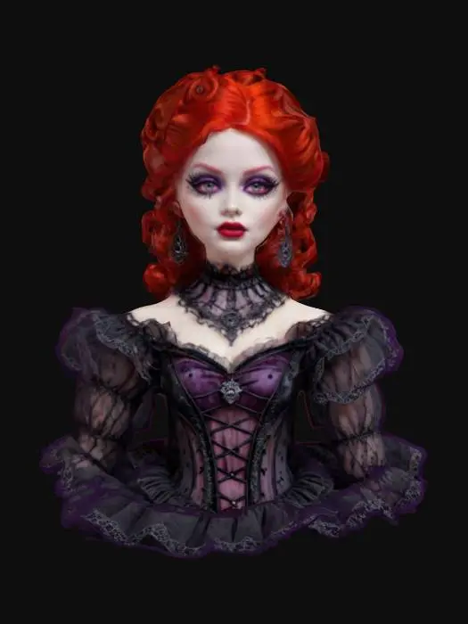 3D model for The main subject is a gothic-themed Barbie doll, dressed in an ornate, Victorian-inspired gown. Her skin tone is a smooth, pale white, providing a striking contrast to her vibrant, fiery red hair, which is styled in intricate, textured curls atop her head. Her lips are a deep, dark purple, and her eyes are framed by bold, black eyeliner, giving her a dramatic and somewhat somber expression.