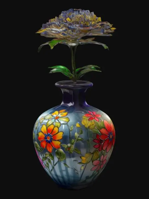 3D model for A single high gloss ceramic Hand Painted vase with a single flower in it that is high gloss ceramic and luminous stained glass. Polished, Highly Detailed and Ultra Realistic, 