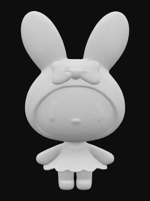 3D model for The object is a cartoonish figure with a rounded head and long, vertical, pink ears, a small dress, and a smooth, glossy texture., 