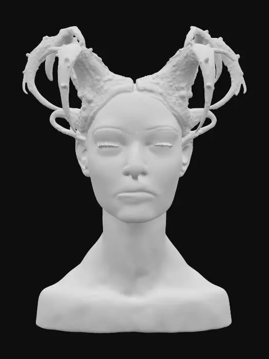 3D model for The object is a sculptural bust of a woman with closed eyes, featuring intricate, branching horn-like structures extending from her head, with a cracked, textured surface resembling bark., 