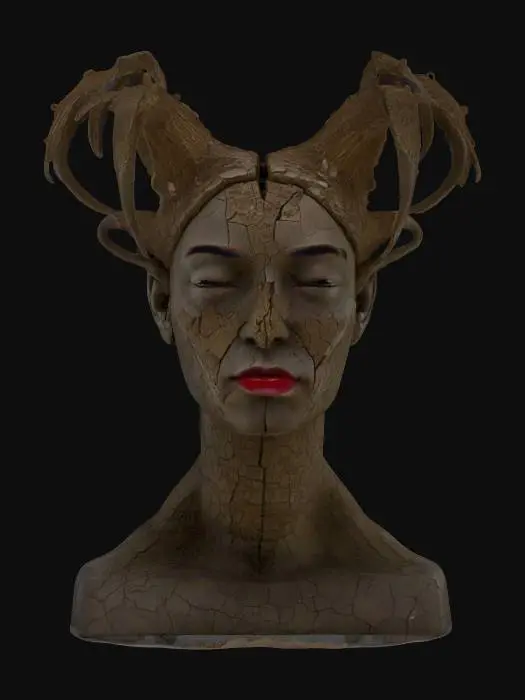 3D model for The object is a sculptural bust of a woman with closed eyes, featuring intricate, branching horn-like structures extending from her head, with a cracked, textured surface resembling bark., 