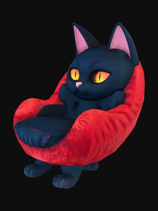 3D model for A high-end fantastical armchair shaped like a giant stylized cat. Primary body in sleek, midnight black short-fur texture. Large, glowing amber-yellow eyes with a glossy finish. Soft pink inner ears and a tiny matte pink nose. The central seat and backrest are upholstered in thick, plush, vibrant crimson-red faux fur. Sharp silhouette, ergonomic furniture design, 8k resolution, cinematic lighting, hyper-realistic fabric textures, intricate velvet and fur detailing.