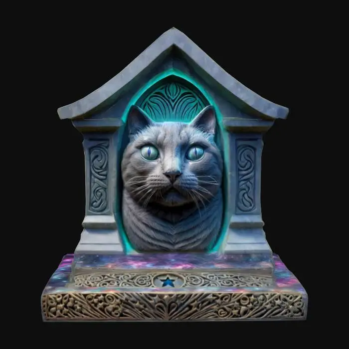 3D model for  Stylized cat memorial, stone with paws that glow on the stone, Highly Detailed., Ultra Realistic