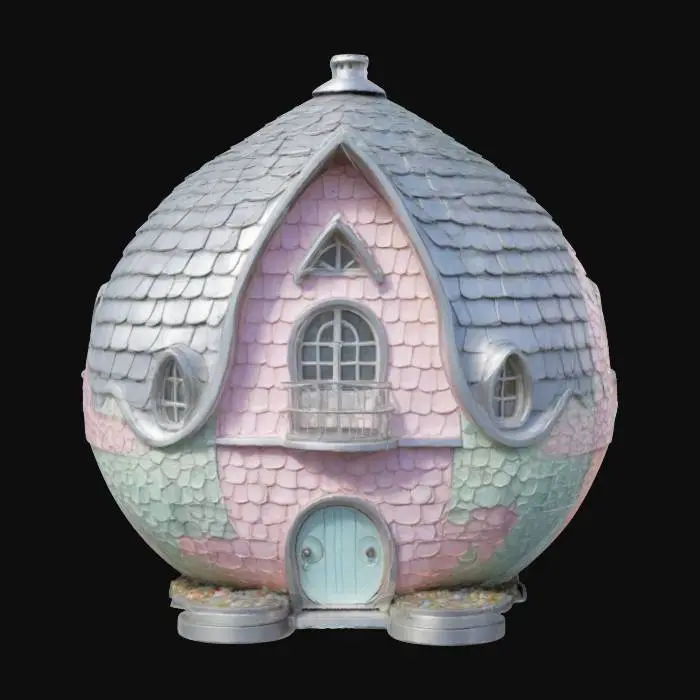 3D model for The object is an egg-shaped house featuring whimsical architecture with textured shingles, smooth walls, and intricate curved metalwork, set amidst a natural-looking environment, Featuring windows, a small balcony, and an egg-adorned entrance. HIGHLY DETAILED, ULTRA REALISTIC   
