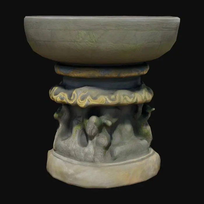 3D model for A ceremonial pedestal made of weathered stone, adorned with intricate carvings of flowing water and lush vegetation. At the top, a large metal bowl, held by curved metallic braces embedded in the stone, appears to overflow gently, symbolizing nourishment. The bowl’s rim is engraved with wave-like patterns. The structure has small cracks and moss growth, giving it an ancient and sacred presence