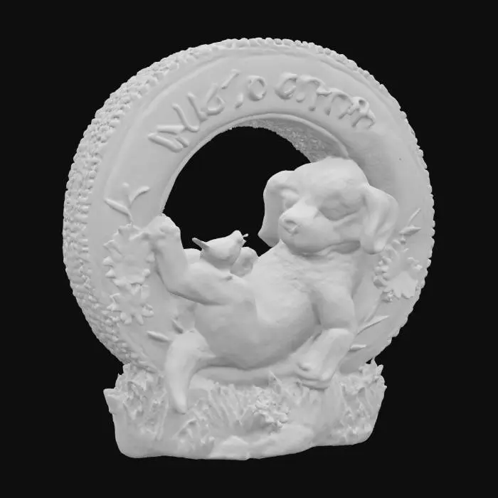 3D model for The object is a circular tire-shaped frame with a realistic texture featuring an adorable puppy reclining inside, surrounded by colorful flowers and vegetation, and displaying the word "Welcome" at the top.