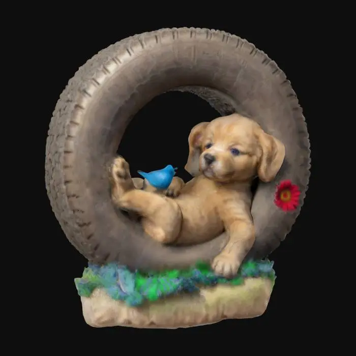 3D model for The object is a circular tire-shaped frame with a realistic texture featuring an adorable puppy reclining inside, surrounded by colorful flowers and vegetation, and displaying the word "Welcome" at the top.