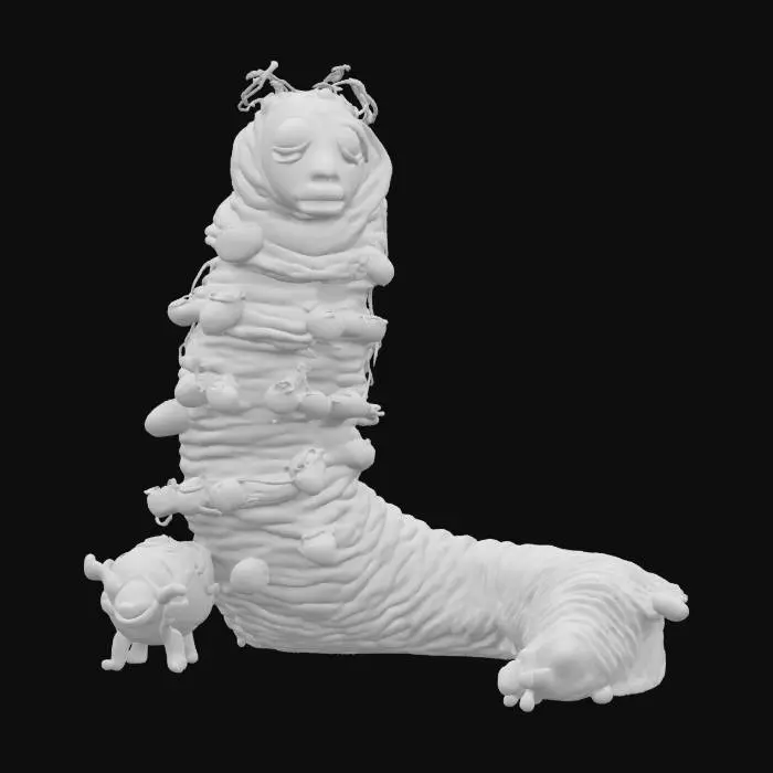 3D model for The object is a segmented, caterpillar-like sculpture with a humanoid face, coiled body, and a textured surface reminiscent of organic ridges and bumps.