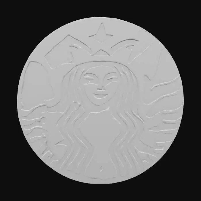 3D model for The prominent Starbucks logo, featuring the iconic siren, displays a smooth, flat texture. The dark green outer ring and the white inner circle appear uniformly colored and crisp. The siren herself is rendered with clean, untextured lines, appearing as a stylized graphic. The overall impression is of a two-dimensional, digitally clean image, rather than a tactile, three-dimensional object.