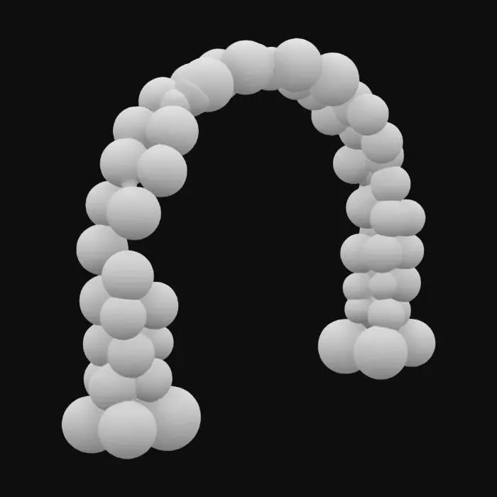 3D model for The object is an arch composed of glossy, spherical balloons arranged in a gradient rainbow pattern, featuring smooth and shiny textures., 
