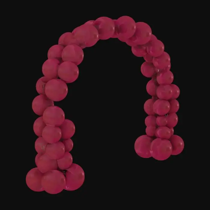 3D model for The object is an arch composed of glossy, spherical balloons arranged in a gradient rainbow pattern, featuring smooth and shiny textures., 