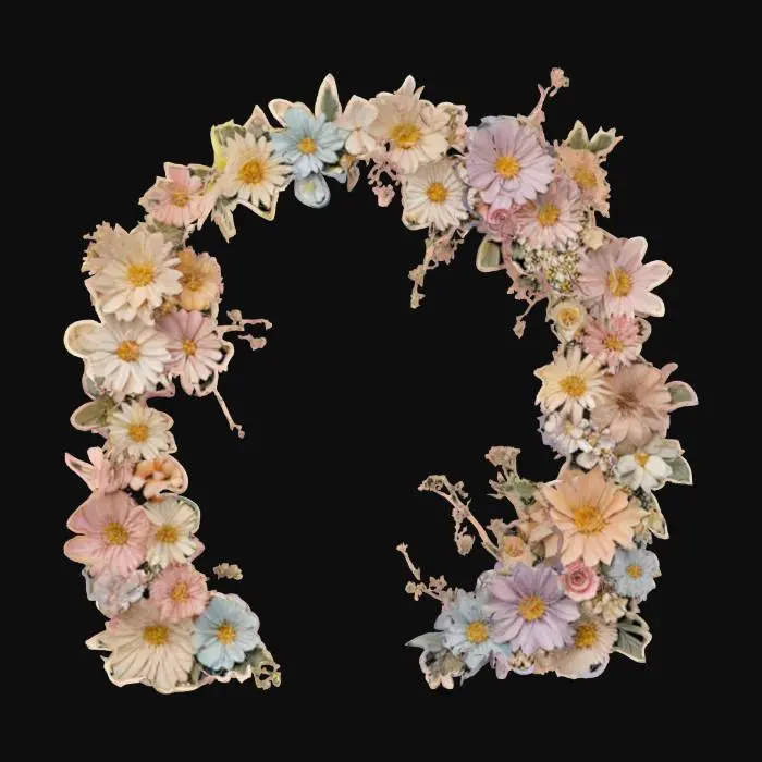 3D model for The image displays a beautifully sculpted floral archway, forming a semi-circular frame, composed of a rich variety of flowers and foliage. The overall impression is one of voluminous, three-dimensional forms with a soft, almost clay-like or fondant texture, giving them a handcrafted feel.