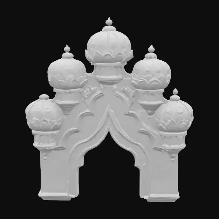 3D model for The object features an ornate, symmetrically arched structure with blue and gold floral patterns and domed turrets, each adorned with lotus-like elements and intricate detailing., #arch#