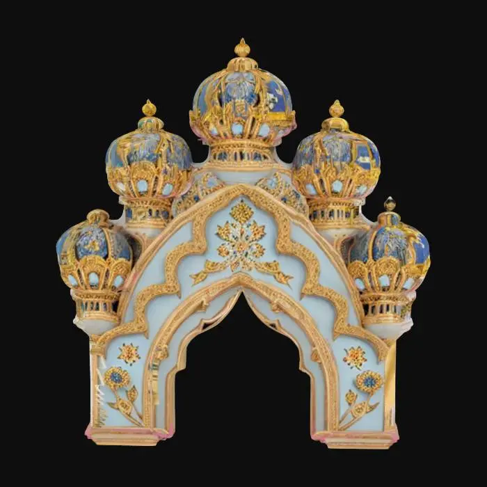3D model for The object features an ornate, symmetrically arched structure with blue and gold floral patterns and domed turrets, each adorned with lotus-like elements and intricate detailing., #arch#