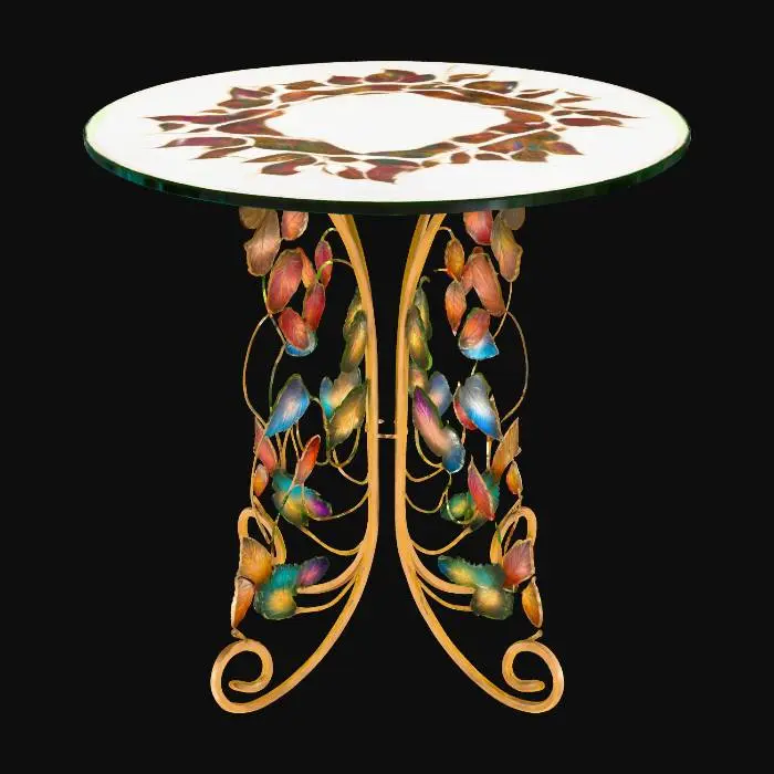 3D model for The object is a round glass table with a swirling leaf design on the top surface, supported by ornate, curved metal legs adorned with colorful leaf motifs, giving it an organic and decorative appearance., 