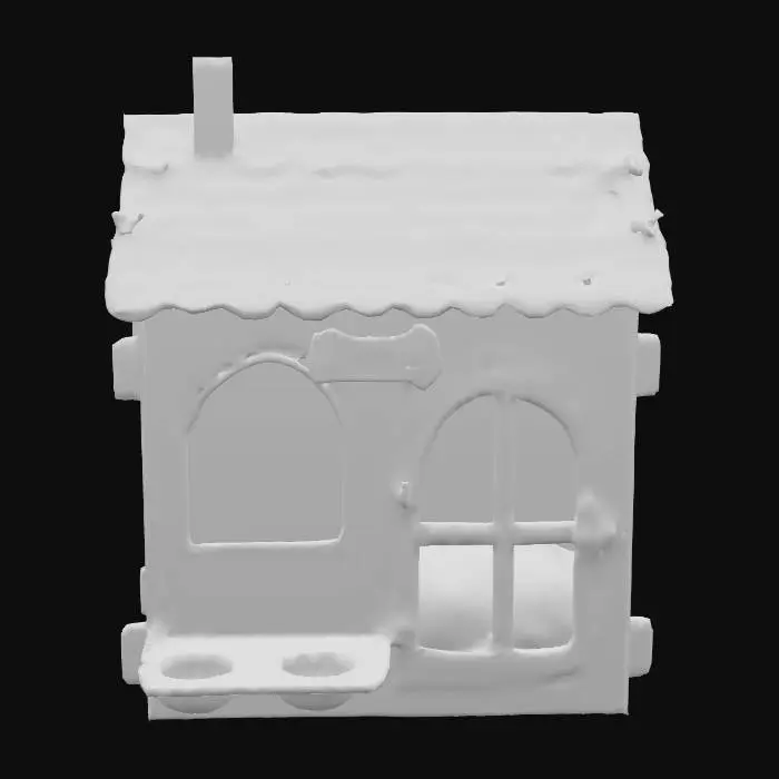 3D model for The object is a small, wooden, dog house with an arched window and door, features a scalloped roof pattern, and has a smooth, polished texture., 