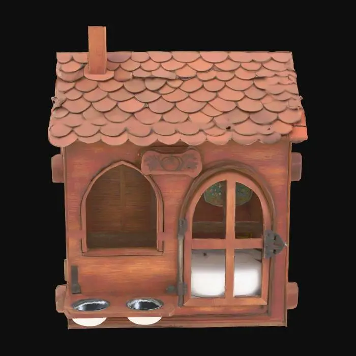 3D model for The object is a small, wooden, dog house with an arched window and door, features a scalloped roof pattern, and has a smooth, polished texture., 