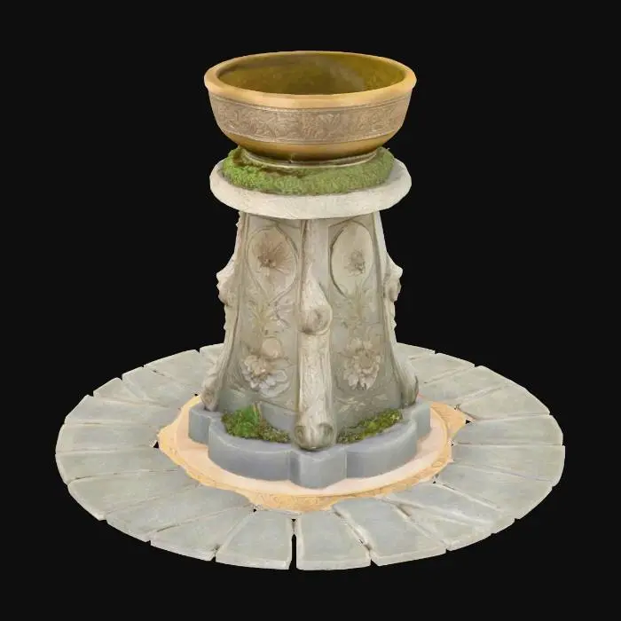 3D model for The object is a decorative pedestal featuring a wide, ornate bronze bowl atop a textured stone base with intricate floral carvings and mossy accents., 