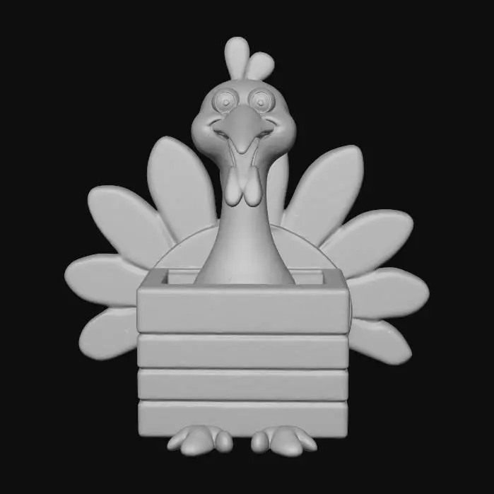 3D model for A whimsical empty rectangular wooden planter box. Attached to its exterior are the distinct features of a cartoonish turkey: a red wattle and snood on its head, a bright red neck, vibrant orange and yellow fanned tail feathers, and yellow webbed feet. The top of the box is wide open, ready for planting, #Thanksgiving#