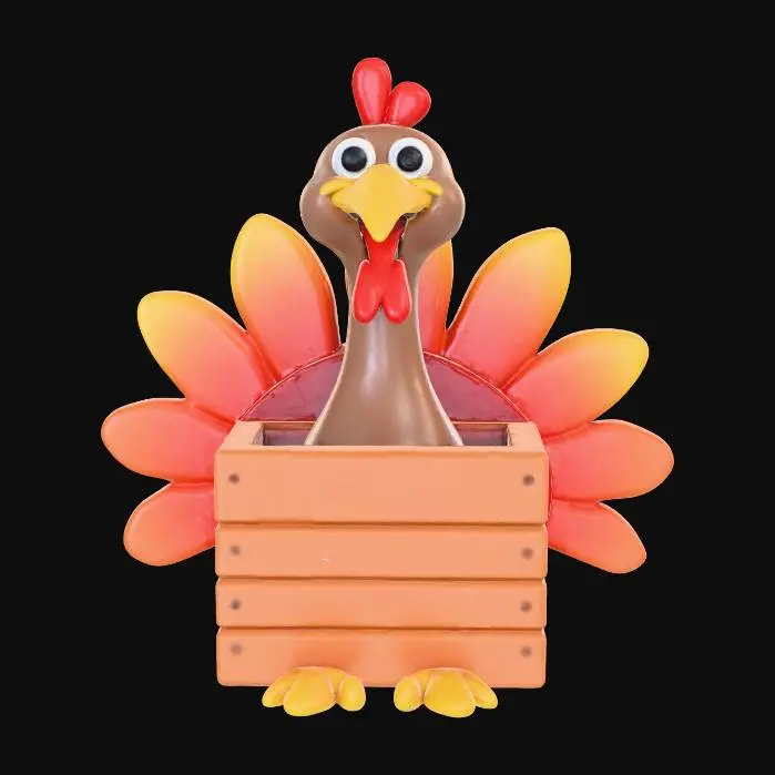 3D model for A whimsical empty rectangular wooden planter box. Attached to its exterior are the distinct features of a cartoonish turkey: a red wattle and snood on its head, a bright red neck, vibrant orange and yellow fanned tail feathers, and yellow webbed feet. The top of the box is wide open, ready for planting, #Thanksgiving#