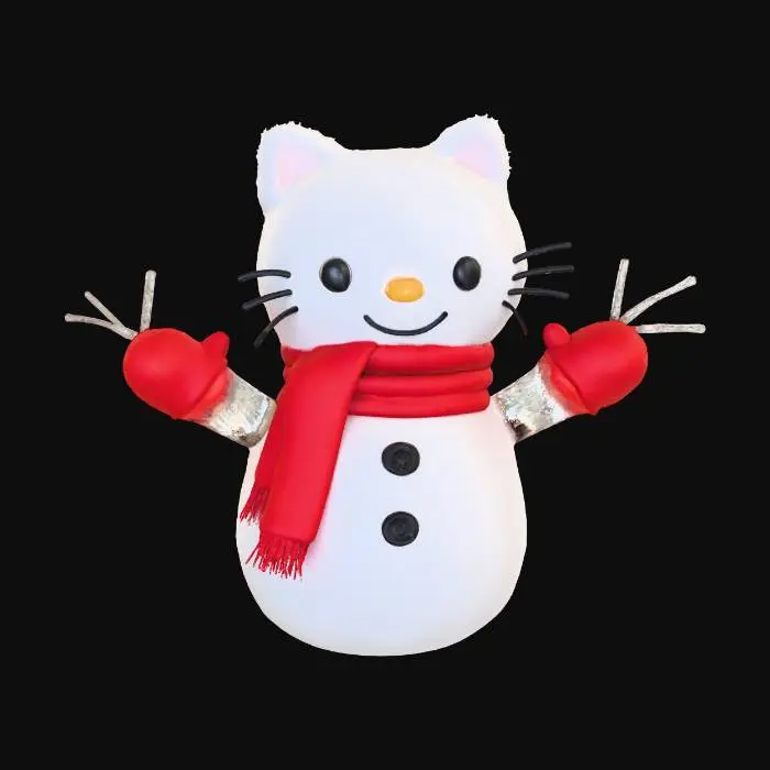 3D model for create a hello kitty snowman with a christmas scarf, black eye, yellow nose and stick arms with mittens on them. , #Christmas2025#