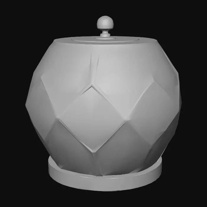 3D model for A contemporary countertop spice carousel made of brushed champagne gold and tempered glass. The design is sculptural and geometric. It sits on a white quartz kitchen island next to a small potted olive tree. Bright, airy morning sunlight streaming through a window, clean aesthetic, highly detailed textures.