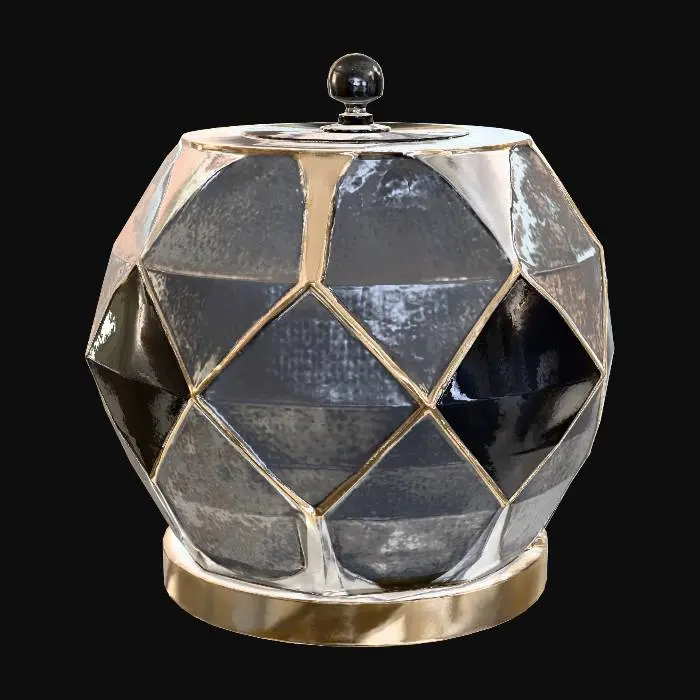 3D model for A contemporary countertop spice carousel made of brushed champagne gold and tempered glass. The design is sculptural and geometric. It sits on a white quartz kitchen island next to a small potted olive tree. Bright, airy morning sunlight streaming through a window, clean aesthetic, highly detailed textures.