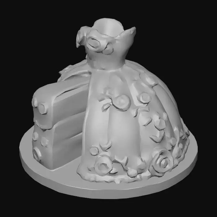 3D model for A high-detail 3D model of a vintage dress-shaped cake. The cake is shaped like a 1950s ballgown with a full skirt and short puff sleeves. The surface is smooth mint green fondant, decorated with intricate 3D bas-relief floral embroidery consisting of pink and yellow roses and green vines. A large mint green bow sits at the waist. A single wedge is cut out of the skirt, revealing realistic layers of yellow sponge cake and red jam filling. High-quality food textures, soft studio lighting, 8k resolution.