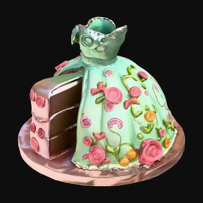 3D model for A high-detail 3D model of a vintage dress-shaped cake. The cake is shaped like a 1950s ballgown with a full skirt and short puff sleeves. The surface is smooth mint green fondant, decorated with intricate 3D bas-relief floral embroidery consisting of pink and yellow roses and green vines. A large mint green bow sits at the waist. A single wedge is cut out of the skirt, revealing realistic layers of yellow sponge cake and red jam filling. High-quality food textures, soft studio lighting, 8k resolution.